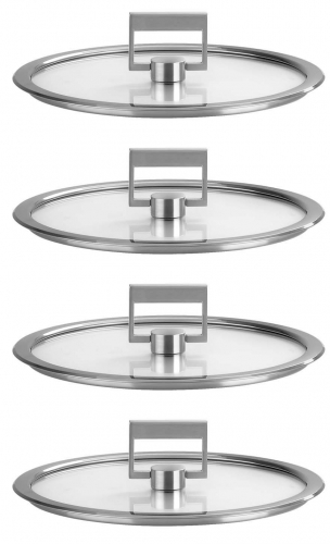 Série de 4 couvercles plats Strate en verre cerclé inox de 14 à 20 cm avec bouto
