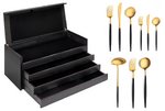Coffret en bois noir de 130 pieces Goa en acier inoxydable brosse Gold & manche noir