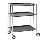 Desserte roulante et pliante 3 etages montants chromes plateaux stratifies bois