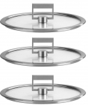 Serie de de 3 couvercles plats Strate en verre cercle inox o 16 a 20 cm avec un