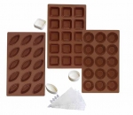Set 3 plaques mini tartelettes 3 formes silicone + poches, douilles & decoupoirs