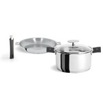 Set 6p. Mutine : Faitout + Poele + Couvercle en verre + 1 Poignee noire + 2 Anses