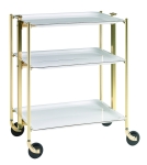 Desserte roulante et pliante 3 etages montants dores plateaux stratifies blancs