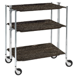 Table roulante pliante, desserte de cuisine 3 etages montants chromes plateaux stratifies bois Chene Fonce Textable
