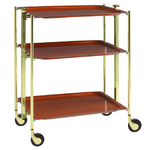 Table roulante pliante, desserte de cuisine 3 etages montants dores plateaux stratifies bois Orme Textable