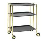 Desserte roulante et pliante 3 etages montants dores plateaux stratifies bois Ebene