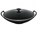 Wok Noir 36 cm avec grille inox, spatule et couvercle en verre bouton inox
