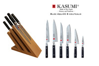 Bloc a couteaux en hetre aimante tout equipe de 6 couteaux Kasumi Damas