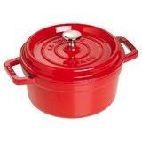 Cocotte en fonte ronde rouge cerise 22 cm avec couvercle a bouton laiton