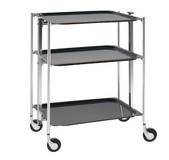 Desserte roulante et pliante 3 etages montants chromes plateaux stratifies bois