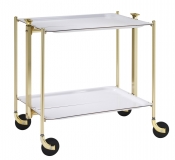 Desserte roulante et pliante 2 etages montants dores plateaux stratifies blancs