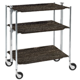 Table roulante pliante, desserte de cuisine 3 etages montants chromes plateaux stratifies bois Chene Fonce Textable
