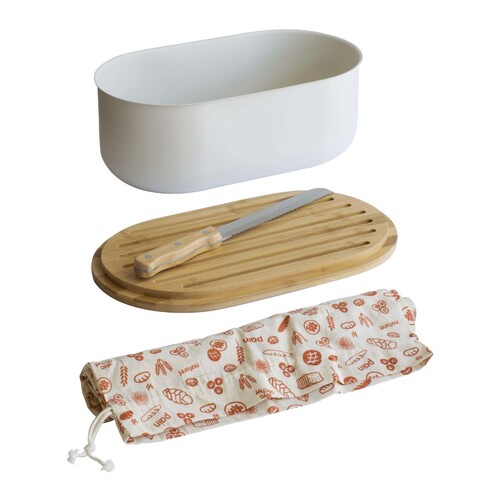Boîte à pain métal & bambou avec couvercle / planche à pain et couteau à pain