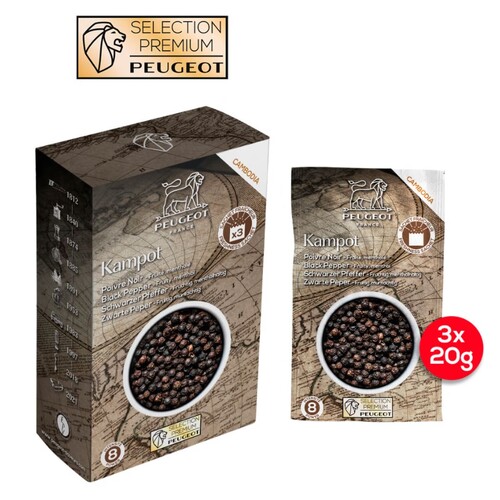 Boite de 3 sachets de 20 g de poivre noir Kampot Cambodia - 60g