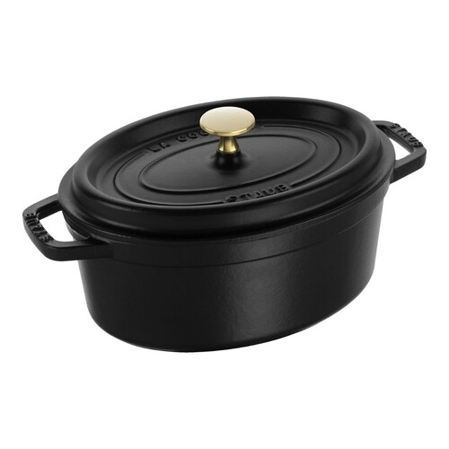 Cocotte en fonte ovale noire 23 cm avec couvercle &agrave; bouton laiton