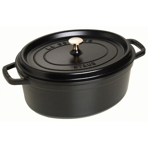 Cocotte en fonte ovale noire 31 cm avec couvercle &agrave; bouton laiton