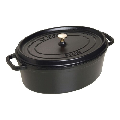 Cocotte en fonte ovale noire 37 cm avec couvercle &agrave; bouton laiton