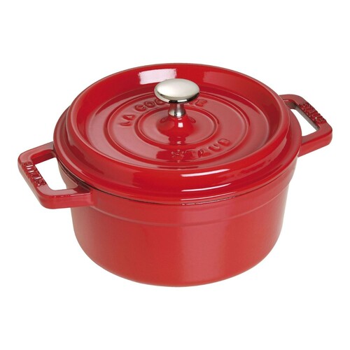 Cocotte en fonte ronde rouge cerise 20 cm avec couvercle &agrave; bouton laiton
