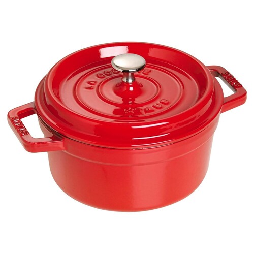 Cocotte en fonte ronde rouge cerise 22 cm avec couvercle &agrave; bouton laiton