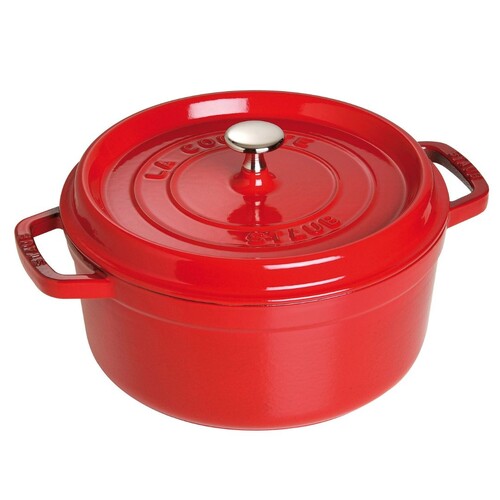 Cocotte en fonte ronde rouge cerise 24 cm avec couvercle &agrave; bouton laiton