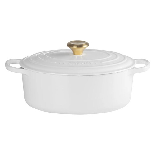 Cocotte ovale 29 cm blanc bouton dor&eacute;