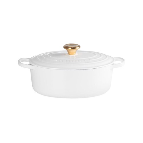 Cocotte ovale 31 cm blanc bouton dor&eacute;