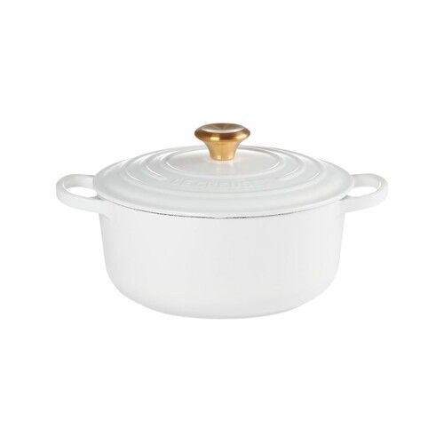 Cocotte ronde 20 cm blanc bouton dor&eacute;