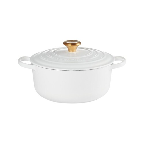 Cocotte ronde 20 cm blanc bouton dor&eacute;