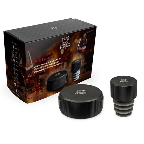 Coffret cadeaux Wine Essential avec un coupe capsule et un bouchon Line alu noir