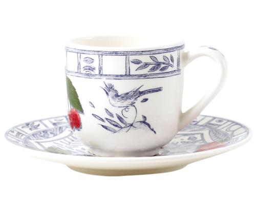 Coffret De 2 Tasses Avec Soucoupe En Faïence Moka Oiseau Bleu Fruits