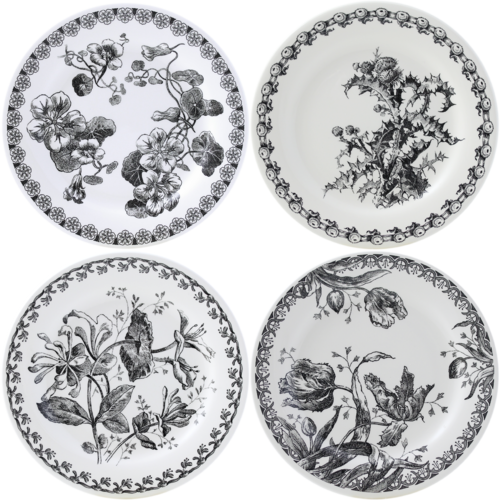 Coffret De 4 Assiettes Canap&eacute;s Assorties Fleurs Noires