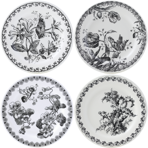 Coffret De 4 Assiettes Mignardises Assorties Fleurs Noires