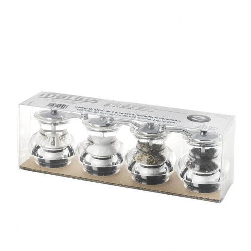 Coffret de 4 moulins transparents 9cm - assortiment d\'épices (poivre, sel, herbe