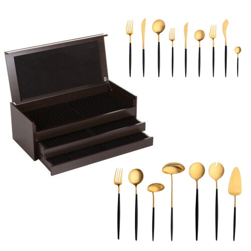Coffret en bois noir de 115 pi&egrave;ces Goa en acier inoxydable bross&eacute; Gold & manche noir