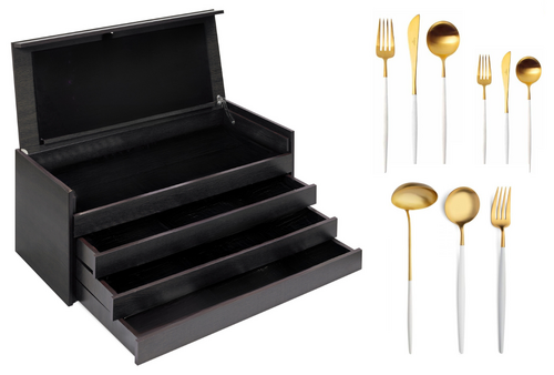 Coffret en bois noir de 130 pièces Goa en acier inoxydable brossé Gold & manche blanc