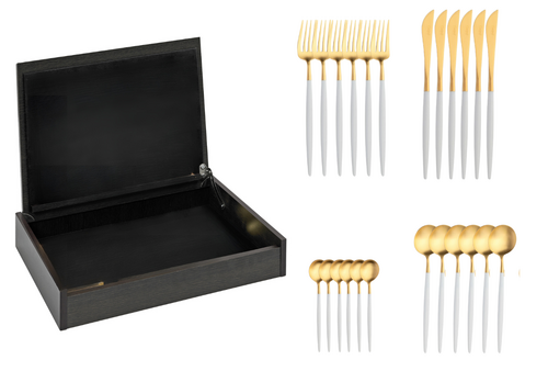 Coffret en bois noir de 24 pièces Goa en acier inoxydable brossé Gold & manche b