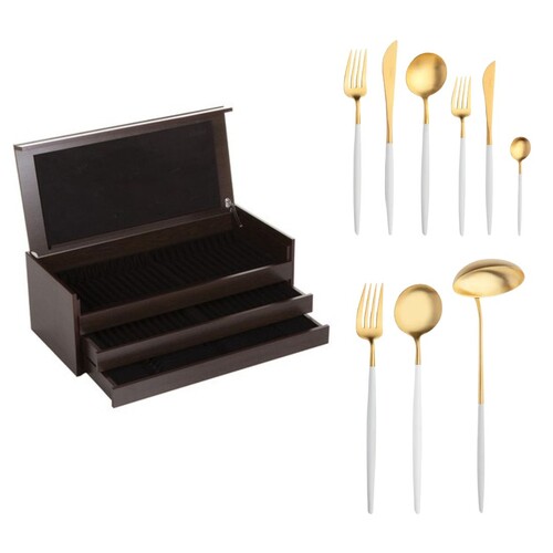 Coffret en bois noir de 75 pi&egrave;ces Goa en acier inoxydable bross&eacute; Gold & manche b