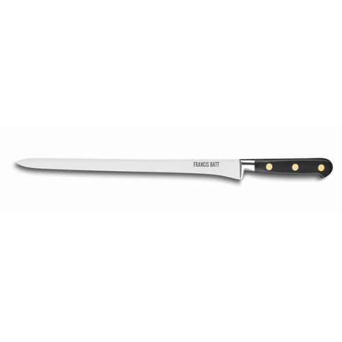 Couteau à saumon lame lisse pointue Forgé Pro 30 cm manche noir rivets laiton