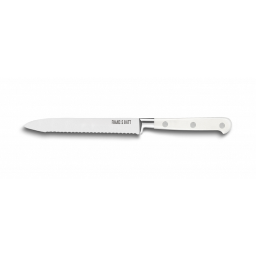 Couteau Légufruit cranté ou bagel Forgé Pro 12 cm manche blanc rivets inox