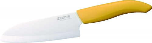 Couteau Santoku lame en céramique blanche manche jaune 14 cm