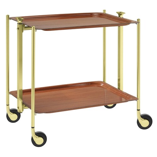 Desserte roulante et pliante 2 étages montants dorés plateaux stratifiés Bois Orme