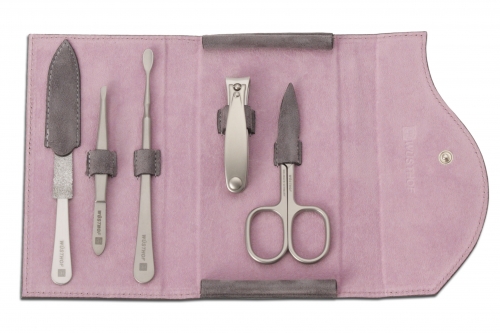 Etui manucure en cuir Su&egrave;de 5 pi&egrave;ces - Gris et Lilas W&uuml;sthof