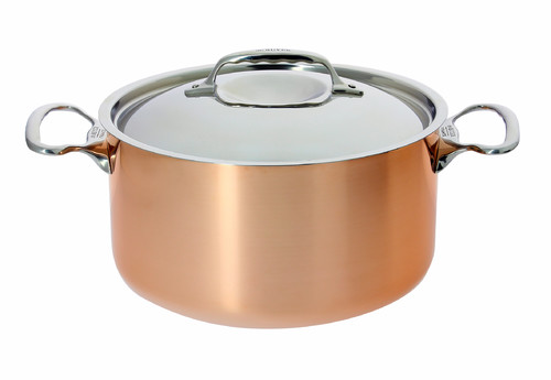 Faitout cuivre-inox a couvercle. Anses en fonte d'inox ø28cm