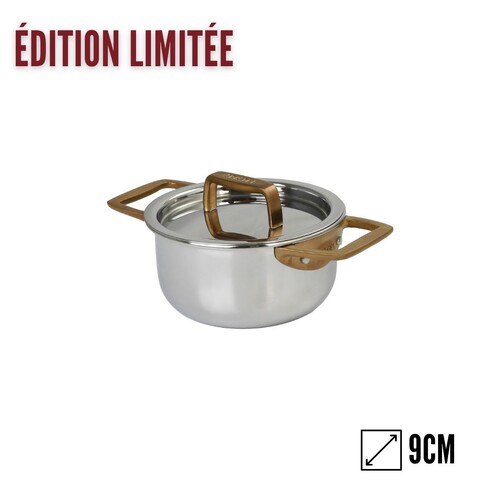 Faitout mini 9 cm 2 anses cuivr&eacute;es avec couvercle inox castel pro 5 ply