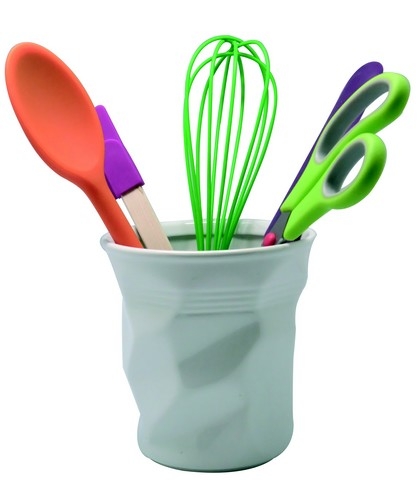 Gobelet porte ustensiles 'Froiss&eacute;' en c&eacute;ramique &oslash; 14  cm H 15  cm gris