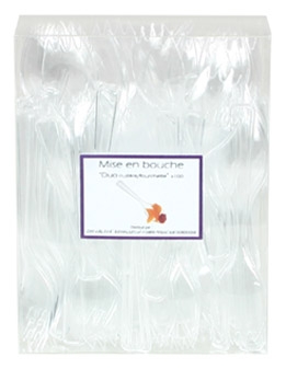Mise en bouche transparente - boite de 100 Cuill&egrave;re s et fourchettes 10 cm