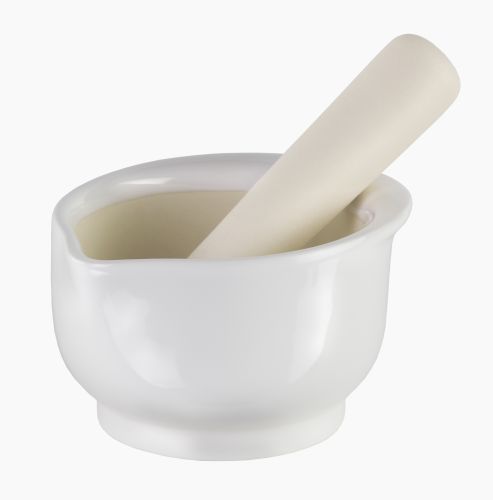 Mortier et pilon en c&eacute;ramique blanche 14 cm