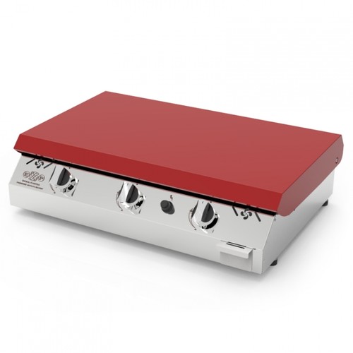 Plancha inox Iparla 80 cm 3 feux gaz couvercle rouge