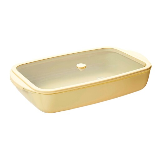 Plat rectangulaire en verre 3,6L effet céramique avec couvercle en verre et silicone - Crème