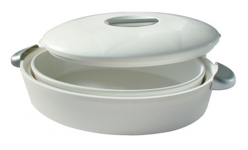 Porte plat isotherme ovale 3 L blanc avec son plat en porcelaine blanche